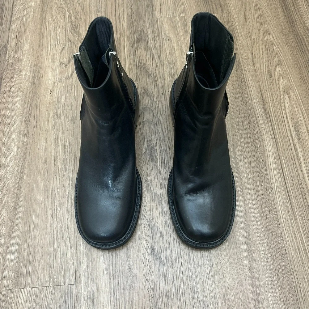 Black Leather Ankle Boots Side Zip Block Heel Moto Biker Boots Women's 9.5